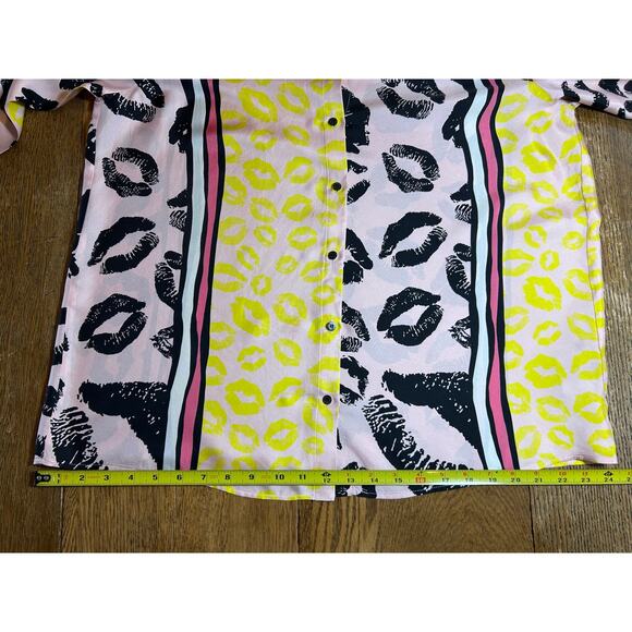 Luisa Cerano 100% Silk Blouse Yellow Pink Stripe Black Lip Design Sz 14 Mob Wife - Picture 3 of 11